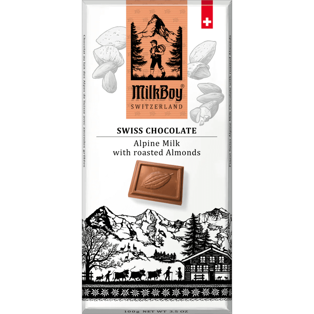 Milkboy Swiss Chocolate Alpine Milk with roasted Almonds - ChocolateHunt