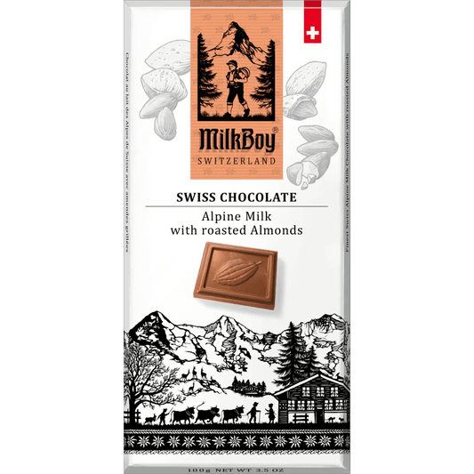 Milkboy Swiss Chocolate Alpine Milk with roasted Almonds - ChocolateHunt