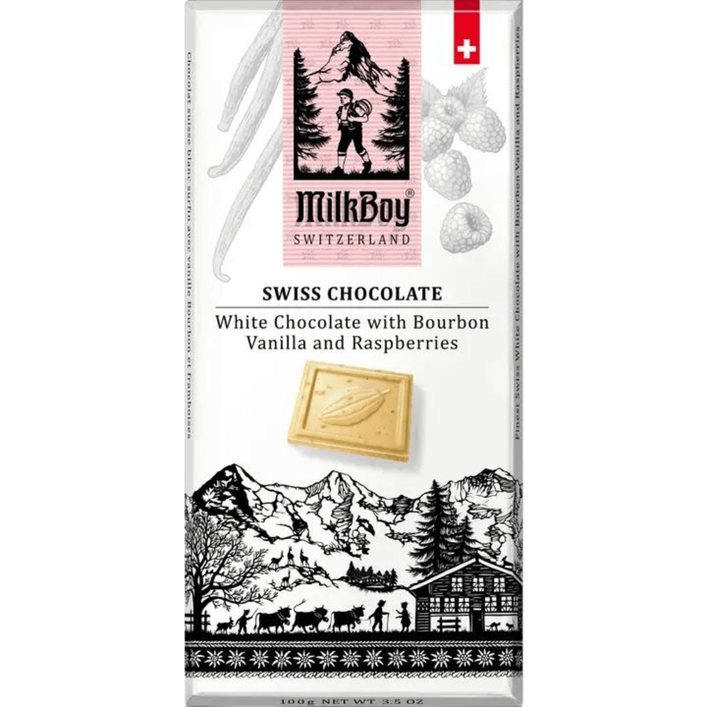 Milkboy Swiss Chocolate White Chocolate with Bourbon Vanilla & Raspberries bar - ChocolateHunt