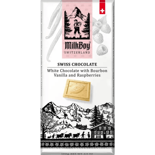 Milkboy Swiss Chocolate White Chocolate with Bourbon Vanilla & Raspberries bar - ChocolateHunt